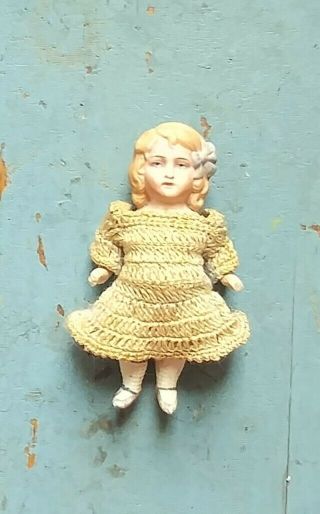 Adorable Antique German Bisque Doll Crochet Dress 4 Inch Blue Eyes Bow Aafa