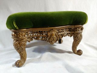 Ornate Victorian Heavy Cast Iron Gold Painted Foot Stool Green Velour Upholstery