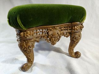 Ornate Victorian Heavy Cast Iron Gold Painted Foot Stool Green Velour Upholstery 2