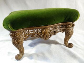 Ornate Victorian Heavy Cast Iron Gold Painted Foot Stool Green Velour Upholstery 3
