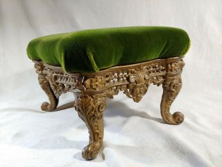 Ornate Victorian Heavy Cast Iron Gold Painted Foot Stool Green Velour Upholstery 4