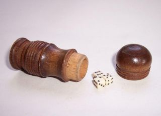 Antique/vintage Hand Turned Wooden Gambling Dice Holder & Three Tiny Dice