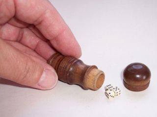 Antique/Vintage Hand Turned WOODEN Gambling DICE HOLDER & Three Tiny Dice 2