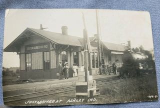 Antique Ashley Hudson Indiana Railroad Depot Real Photo Postcard Rppc Azo