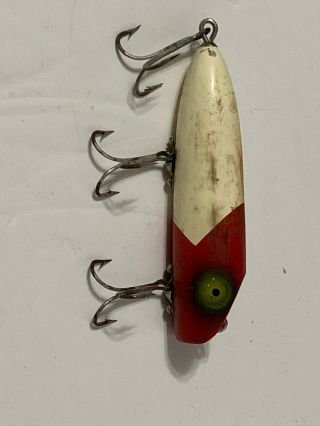 South Bend Bass Oreno Red White Wood Fishing Lure 4” 3 Hooks Red Head