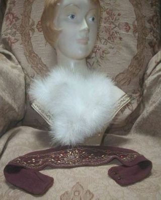 Antique 1920s French Jeweled Flapper Bandeau W African Marabou Plumes Plum Silk
