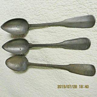 Three Antique Pewter Serving Spoons 12 Inches Long Surface Wear One With Logo