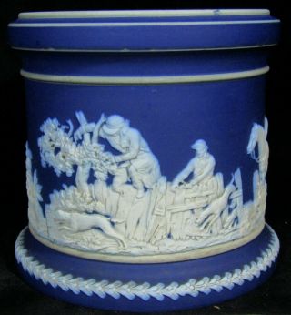 Antique Adams Tunstall Jasperware Jar - Blue & White Fox Hunting Scene - No Lid