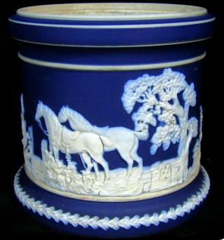 Antique Adams Tunstall Jasperware Jar - Blue & White Fox Hunting Scene - No Lid 2