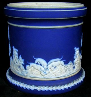 Antique Adams Tunstall Jasperware Jar - Blue & White Fox Hunting Scene - No Lid 3
