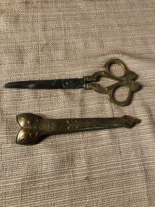 Antique 19th Victorian Brass Scissors Made In Germany With Sheath Dagger Style