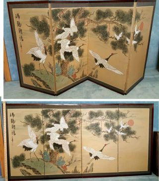 Antique Japanese 8 Crane 4 Panel Folding Screen Painting 35 " X 70 "