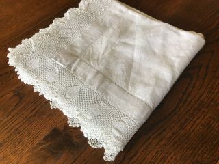 Antique,  Hand - Made,  Lace - Edged Linen Table Cloth 50 " Square