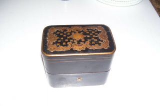 Antique Wooden Box W/two Perfume Bottles W/gold?/brass Tops And Stoppe