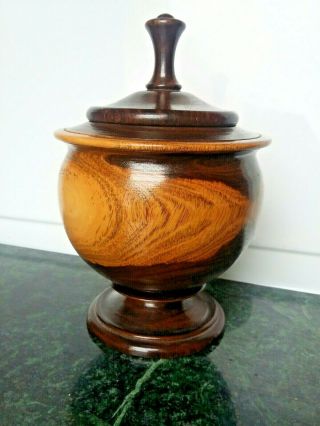 Hand Turned Wooden Treen Pedestal Bowl Pot Jar Urn With Lid Handmade Woodwork