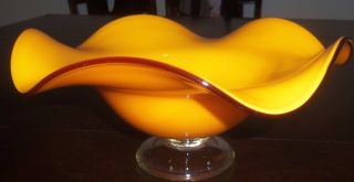 Teleflora Cased Orange Hand Blown Art Glass Ruffled Pedestal Compote Bowl Dish