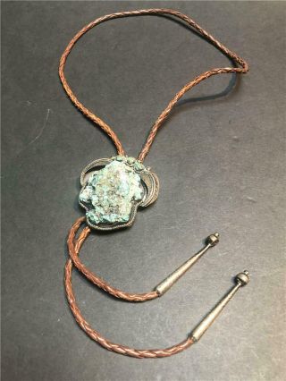 Antique W.  Begay Navajo Giant Turquoise And Sterling Silver Bolo Tie By Bennett