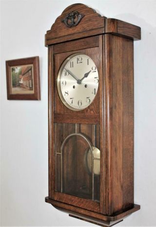Fine German Striking Oak Wall Clock Five Beveled Glass Panels C1925