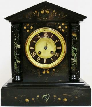 Antique French 8 Day Slate & Marble Bell Striking Mantel Clock Etched Decoration