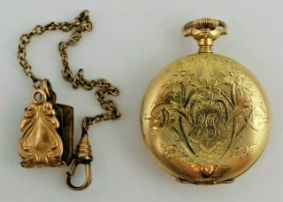 Vintage Antique Hampden Pocket Watch With Fancy Case And Chain 3/0s 15 Jewels