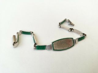 Antique Art Deco Silver And Green Guilloche Enamel Id Bracelet