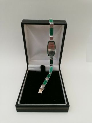 Antique Art Deco Silver and Green Guilloche Enamel ID Bracelet 3