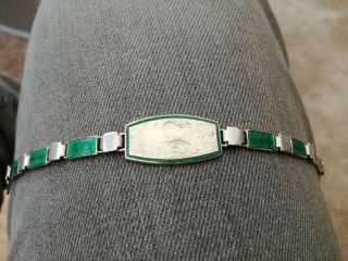 Antique Art Deco Silver and Green Guilloche Enamel ID Bracelet 4