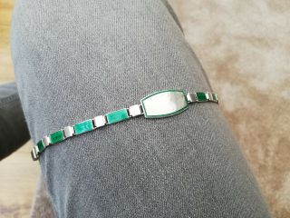 Antique Art Deco Silver and Green Guilloche Enamel ID Bracelet 6