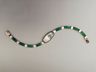 Antique Art Deco Silver and Green Guilloche Enamel ID Bracelet 7