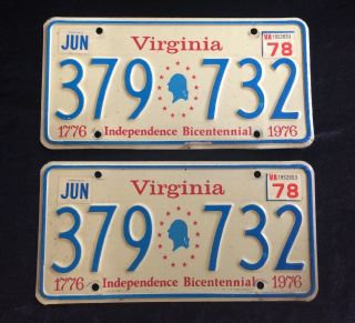 Vintage Antique Virginia Va Bicentennial 1976 License Plates Pair
