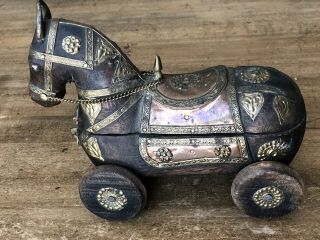 Antique Hand Carved Wood Horse Pull Toy On Wheels With 2 Hidden Compartments