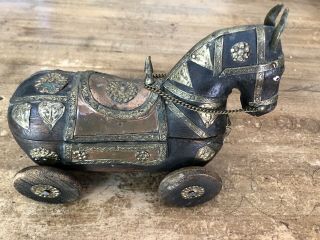 Antique Hand Carved Wood Horse Pull Toy on Wheels with 2 Hidden Compartments 3