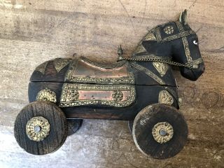 Antique Hand Carved Wood Horse Pull Toy on Wheels with 2 Hidden Compartments 8