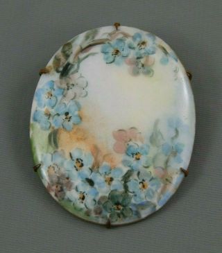 Antique Victorian Hand Painted Porcelain Forget Me Not Flower Brooch Pin