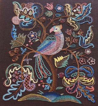 Antique Embroidery Needlework Exotic Bird And Foliage Vibrant Colours