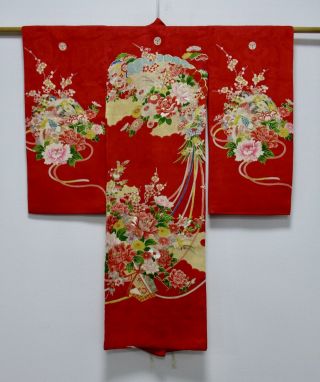 Japanese Silk Antique Kimono / Flower Embroidery / For Children /182