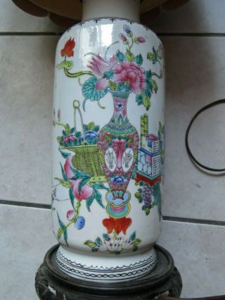 Vintage Chinese Hand Painted Porcelain Vase Table Lamp With Wood Base