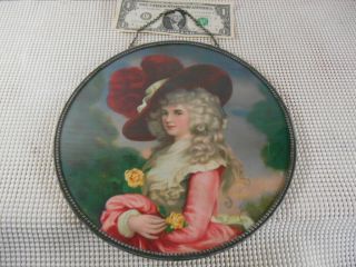 Antique Chimney Flue Cover Chain Hang Metal Frame Pretty Victorian Lady Litho