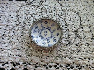 Antique Majolica Wire Basket Napkin Plate Victorian C1880 Blue & White Exc