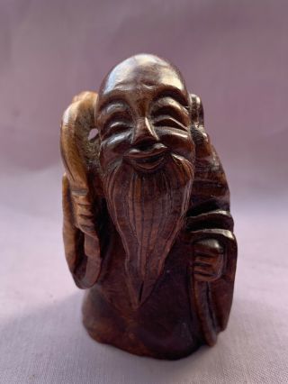 Antique Chinese Carved Wood Old Man Minature Figure