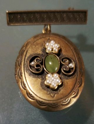 Vintage Antique 10k Gold Seed Pearl & Jade Locket Brooch