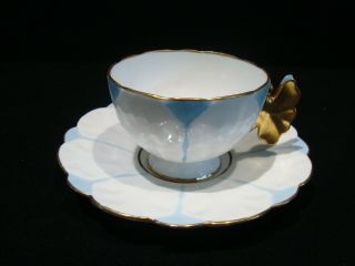 Vintage Aynsley Bone China England Butterfly Pastel Blue White Cup & Saucer Set