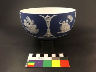 Antique Pre - 1860 Wedgwood Jasperware Blue & White Bowl Cherubs & Muse Figures
