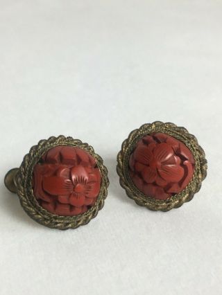 Antique Vintage Chinese Gilt Silver Carved Cinnabar Earrings Screw Back