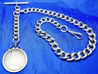 Huge Solid Silver Albert Chain Tbar & Clip 1885 & Coin Fob 1881 123 G