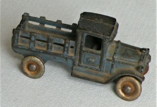 Antique Blue Arcade Cast Iron Toy Stake Truck - Nickel Wheels - Estate 3 & 3/8 "