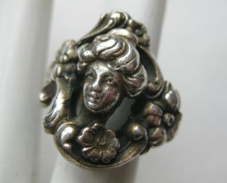 Fine Antique Victorian Art Nouveau Sterling Silver Lady Face Vintage Ring Sz 7