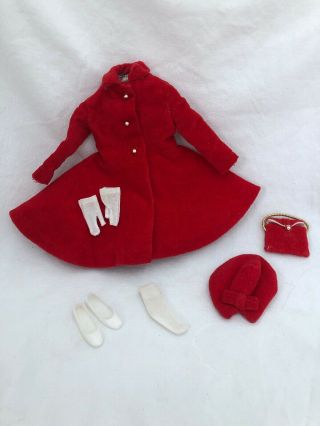 Vintage Skipper Doll Tagged Red Velvet Dress Coat Hat Purse Shoes Gloves 1906