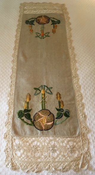 Arts And Crafts Mission Era Embroidered Linen Table Runner 60 " X 20 " Stickley