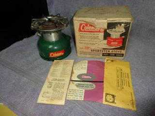 Vintage 1962 Coleman Sportster Green Camp Stove 501 - 700 Box & Parts List